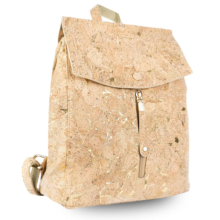 Cork backpack with gold accents ‚Äì angled front view