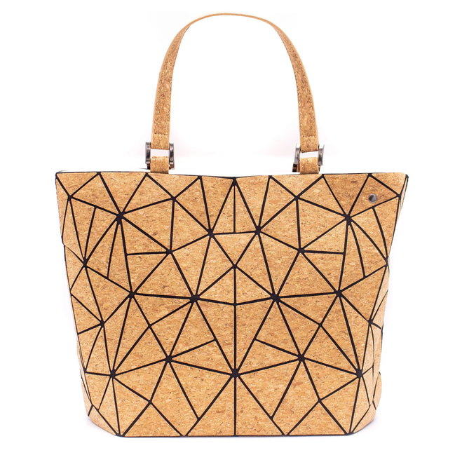 Front view of Cross-Road Geometric Cork Handbag for Women ‚Äì natural cork tote with black triangle pattern and modern eco-chic design‚Äù