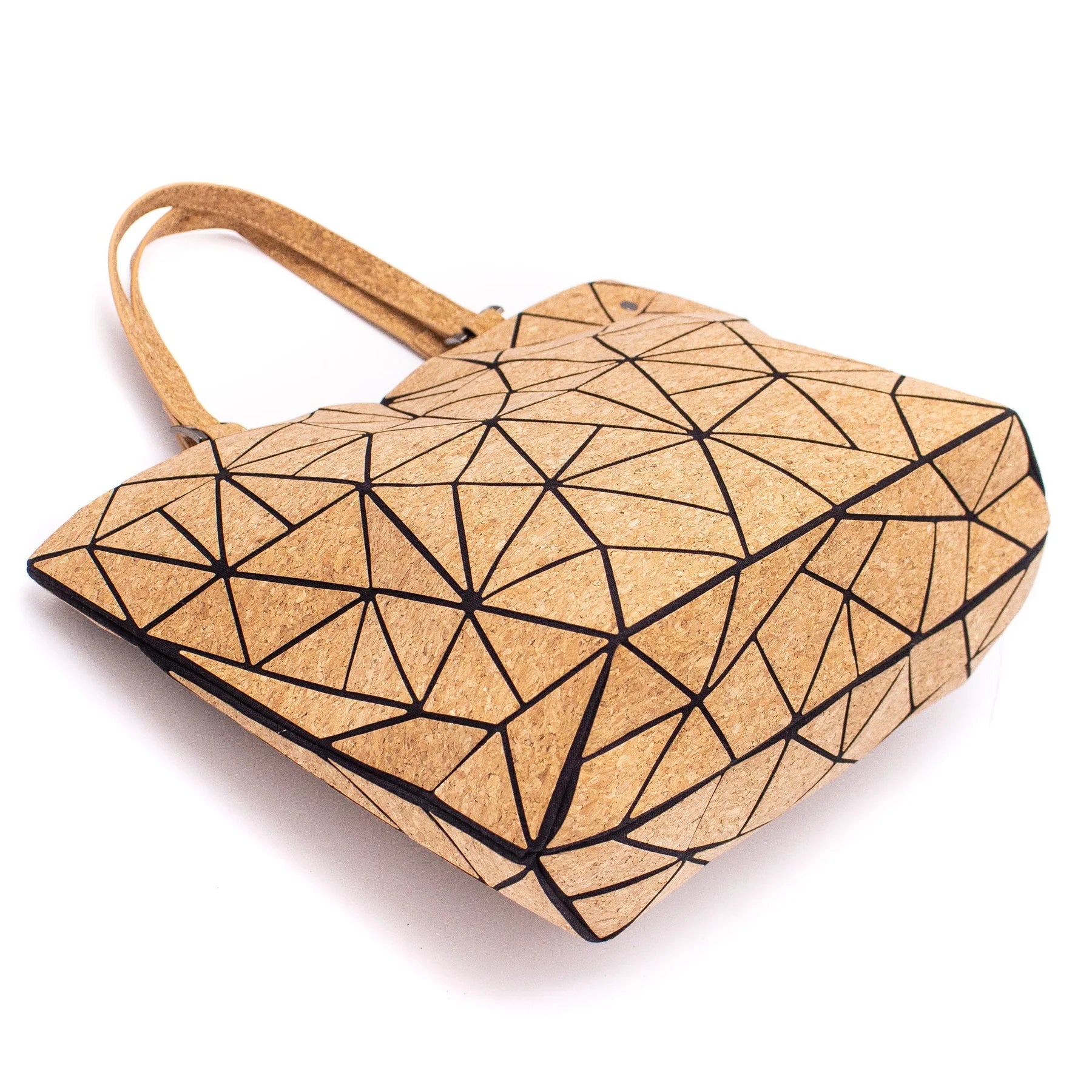 Bottom view of Cross-Road Geometric Cork Handbag ‚Äì sturdy base with durable natural cork texture and clean edges