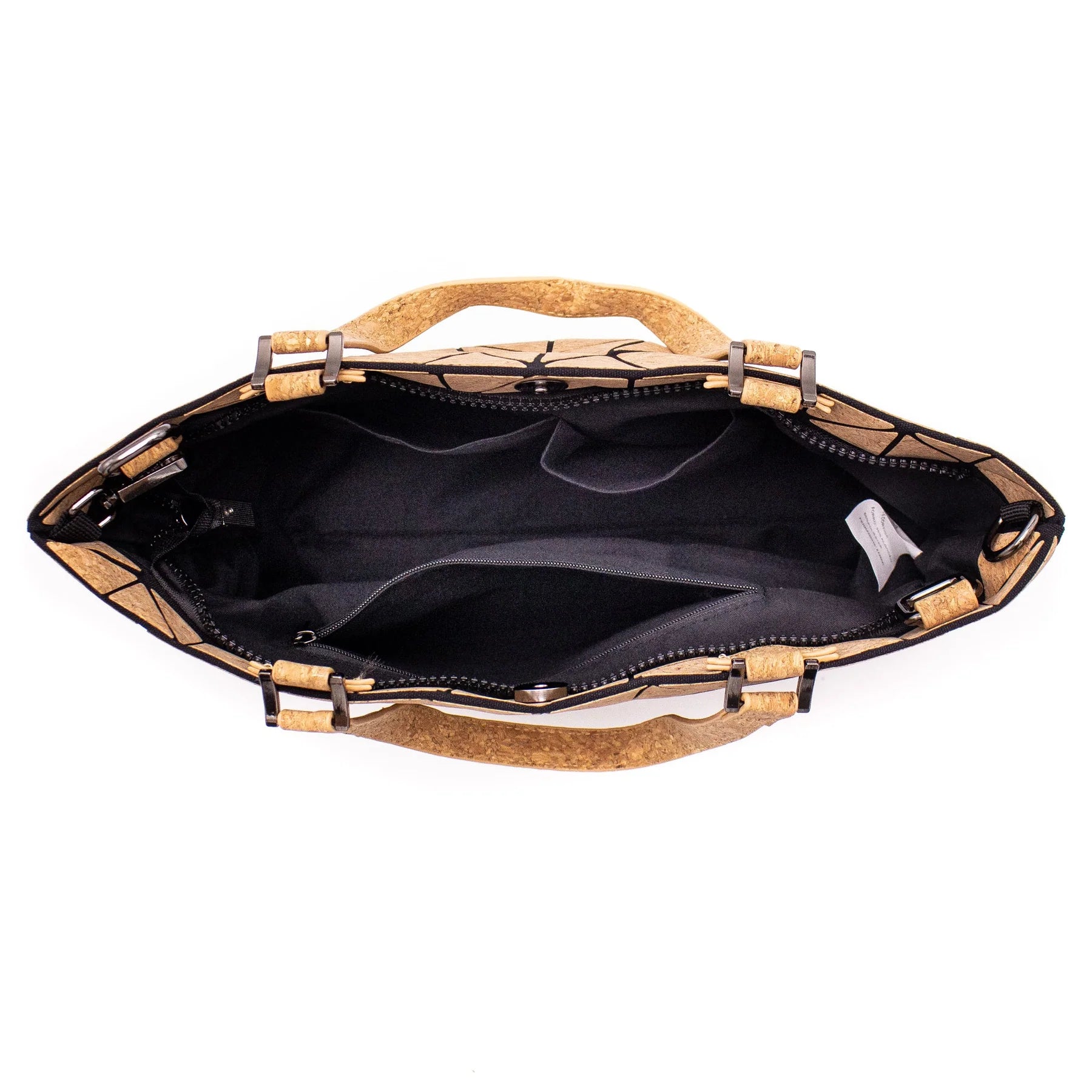 Top view of Cross-Road Geometric Cork Handbag showing black interior and zippered pockets ‚Äì lightweight vegan tote