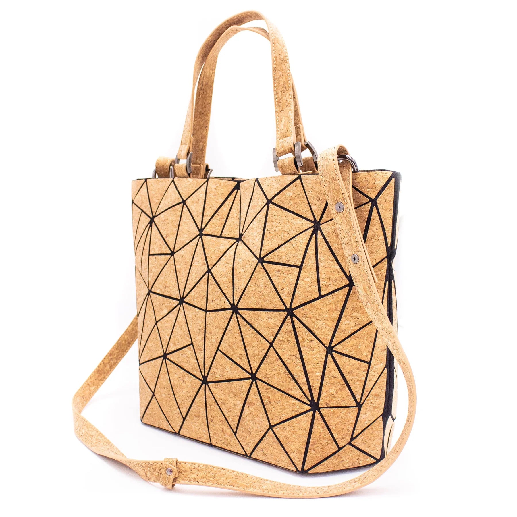 Side angle of Cross-Road Geometric Cork Handbag ‚Äì structured eco-friendly bag with sleek geometric design and reinforced seams