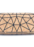 Front view of natural cork crossbody wallet with black geometric pattern and chain strap