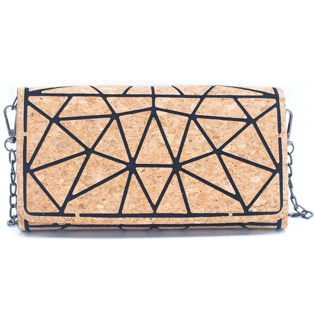 Front view of natural cork crossbody wallet with black geometric pattern and chain strap
