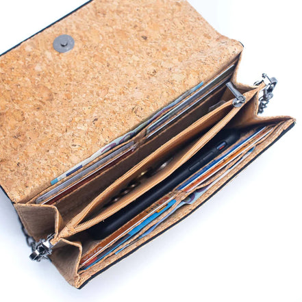 Interior view of cork wallet showing card slots, phone space, and zipper pocket