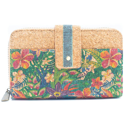 Front view of a floral printed mini cork wallet with natural cork top flap and snap closure.