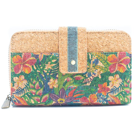 Front view of a floral printed mini cork wallet with natural cork top flap and snap closure.