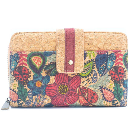 Floral red cork women‚Äôs wallet with red accent strap and colorful flowers