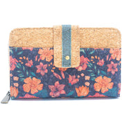 Floral blue cork compact wallet with teal strap and orange flower print