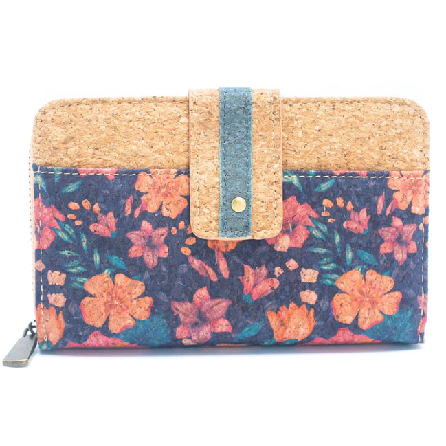 Floral blue cork compact wallet with teal strap and orange flower print