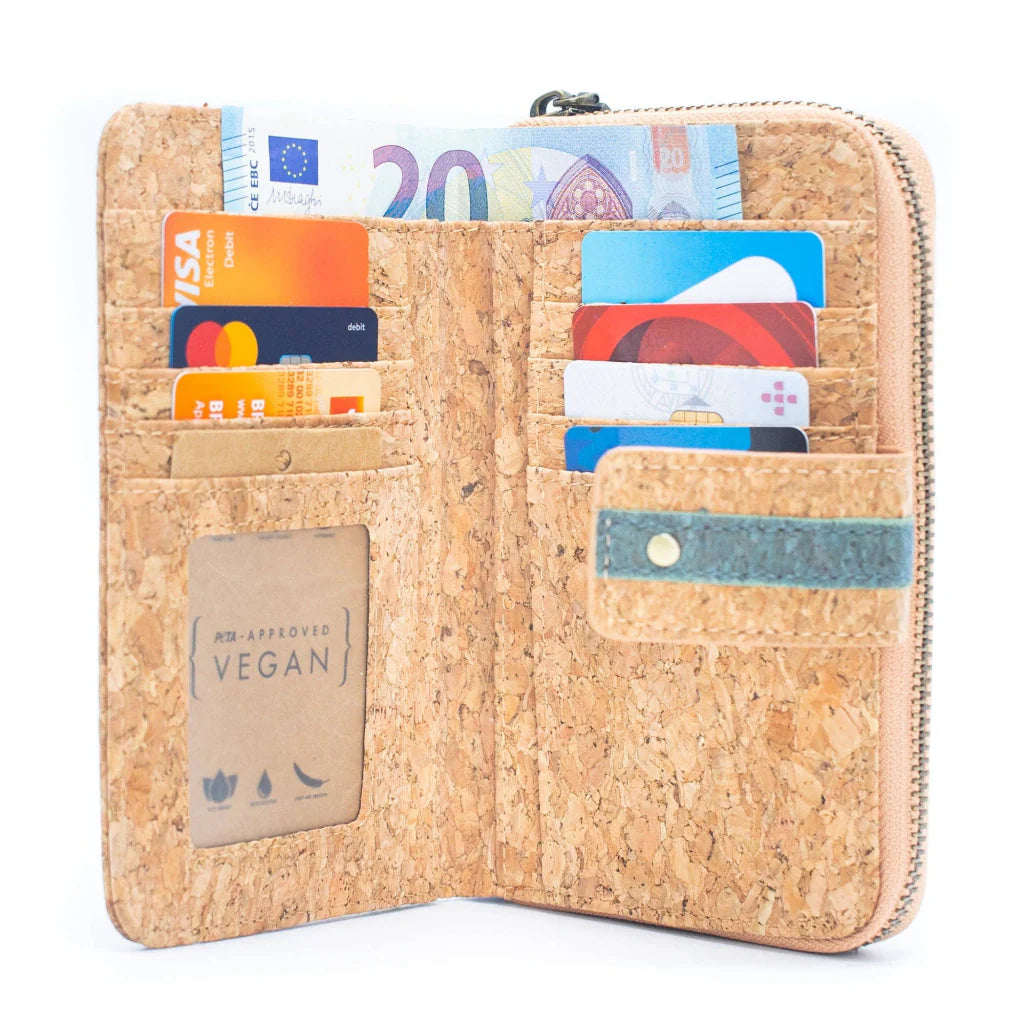 Interior view of eco-friendly cork wallet showing card slots and cash pockets