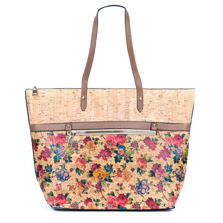 Light Floral printed cork tote bag with faux leather handles and front zipper pocket