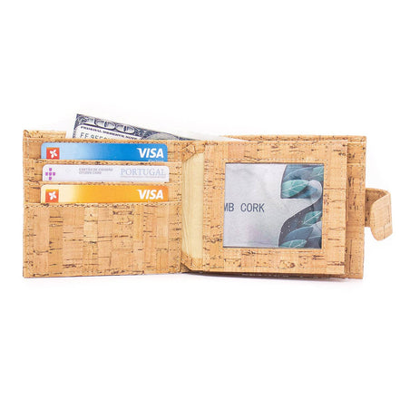 Eco-friendly cork wallet with 8 card slots, ID window, coin pocket, and slim bifold design.