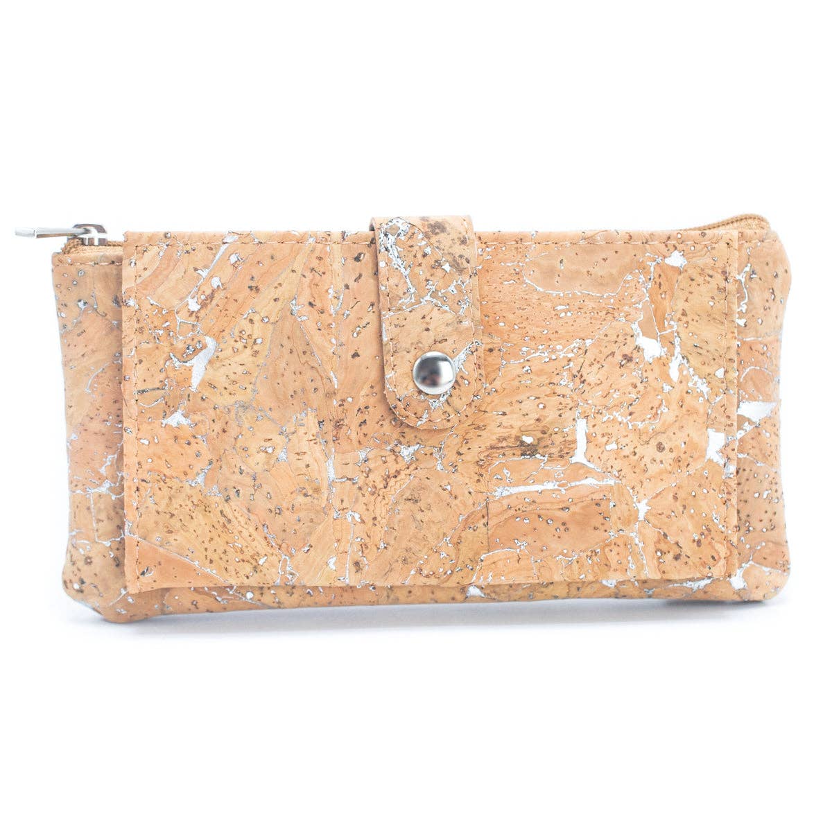 Silver metallic cork long wallet handmade in Portugal