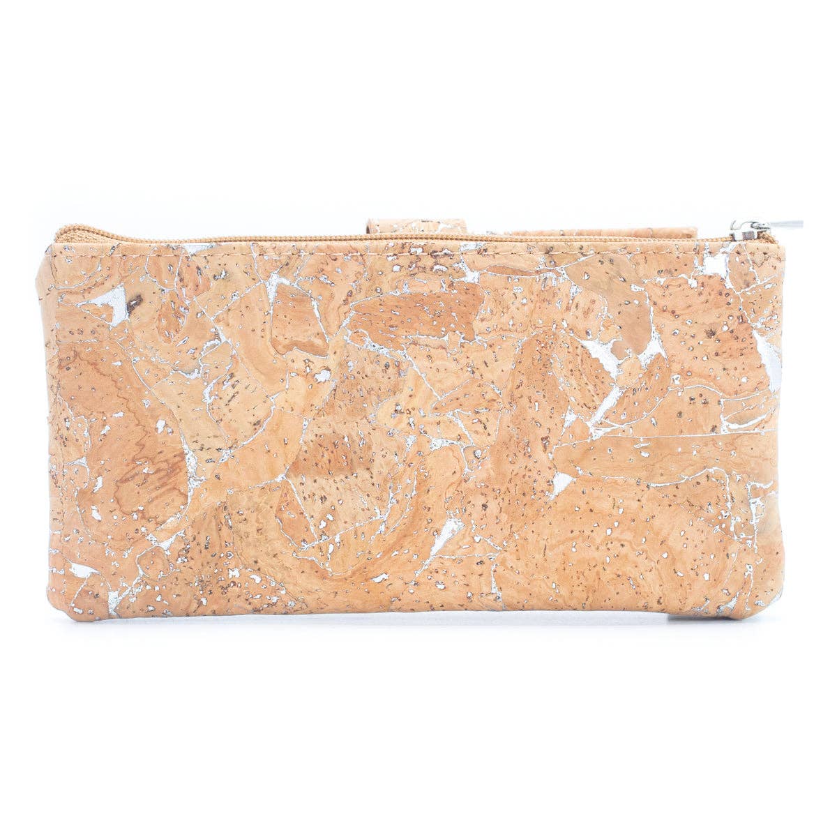 Back view of Eco-friendly gold and silver cork wallet with metallic accents