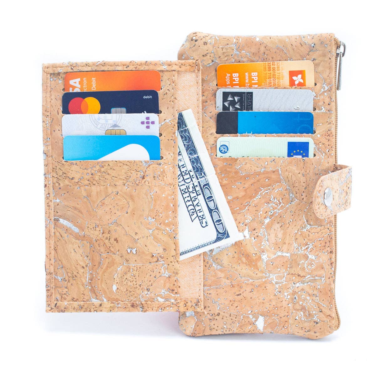 Interior view of vegan cork wallet showing card slots and coin pocket