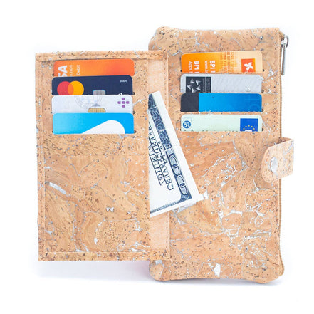 Interior view of vegan cork wallet showing card slots and coin pocket