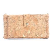 Gold metallic cork slim wallet with snap flap and zipper pocket