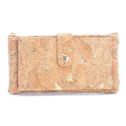 Gold metallic cork slim wallet with snap flap and zipper pocket