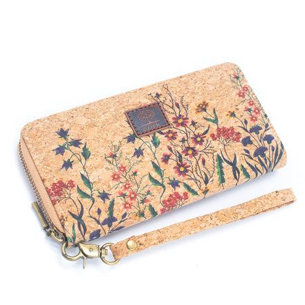 Natural cork women‚Äôs zipper wallet in floral  pattern with wrist strap