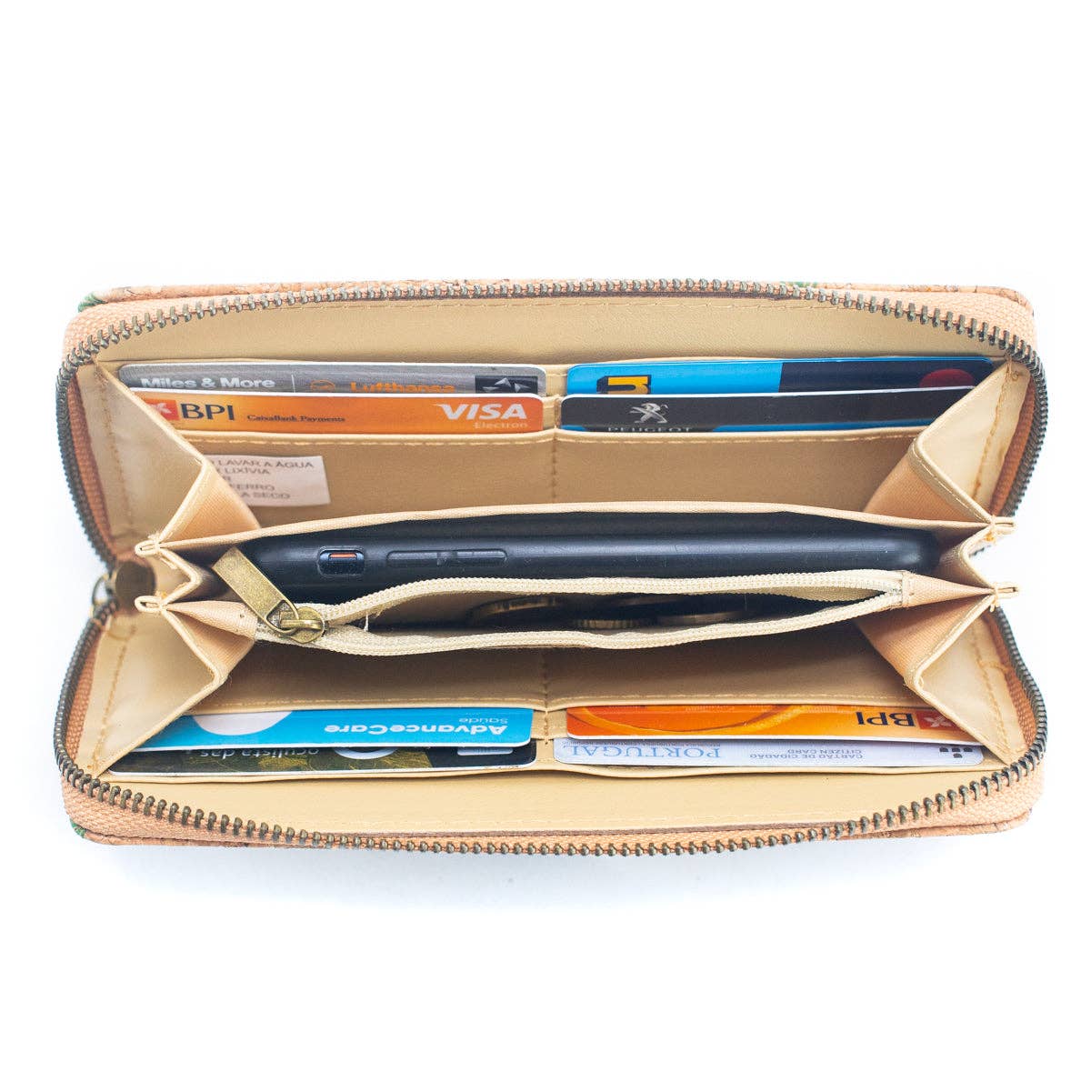 Interior view of eco-friendly cork wallet showing card and phone compartments