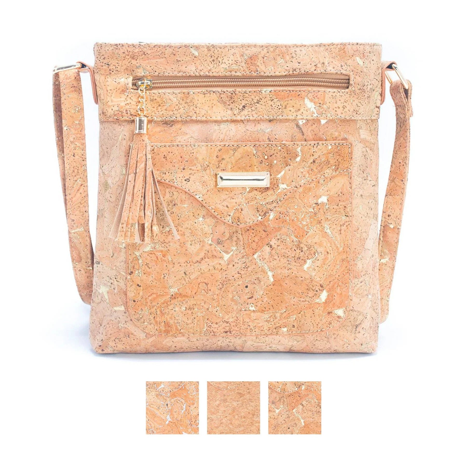 Natural cork crossbody bag with gold accents.  Also comes in silver or natural l