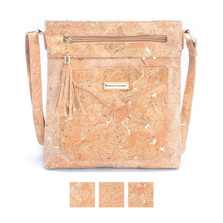 Natural cork crossbody bag with gold accents.  Also comes in silver or natural l
