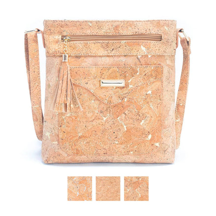 Natural cork crossbody bag with gold accents.  Also comes in silver or natural l