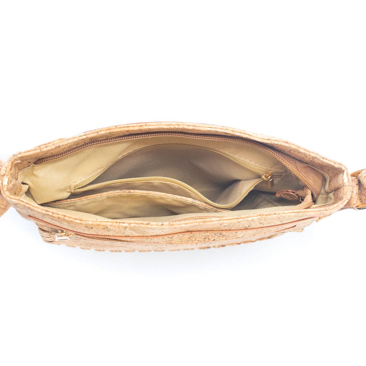 Interior compartments of cork crossbody bag with pockets