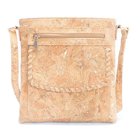 Braided front flap detail on gold flake natural cork handbag