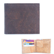 A slim, lightweight dark brown RFID protected bi-fold cork wallet that keeps your essentials organized without the bulk. 