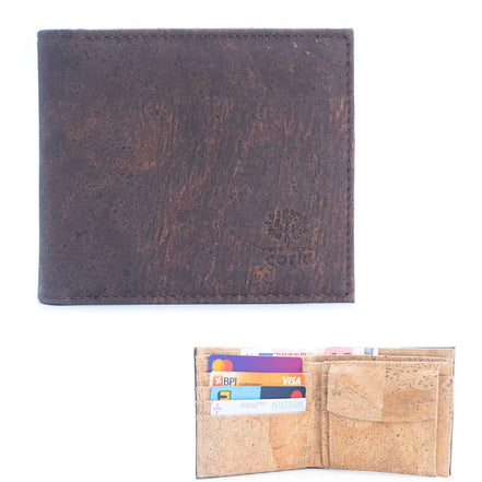 A slim, lightweight dark brown RFID protected bi-fold cork wallet that keeps your essentials organized without the bulk. 