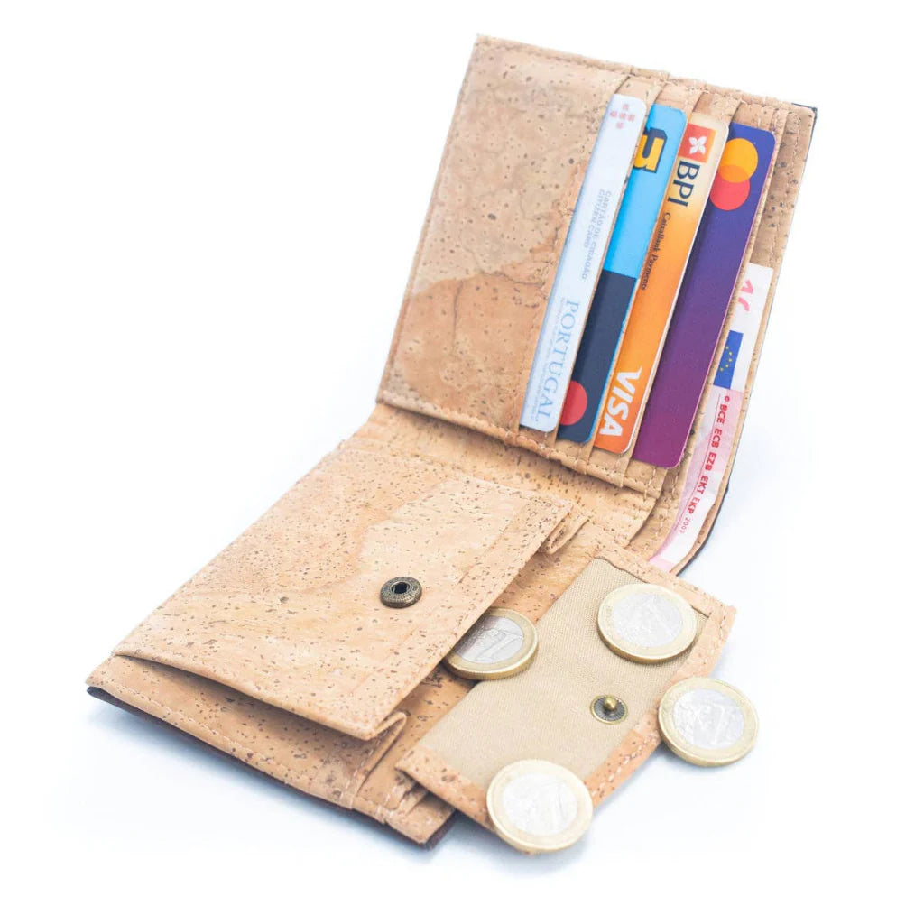Interior view A slim, lightweight dark brown RFID protected bi-fold cork wallet that keeps your essentials organized without the bulk. 