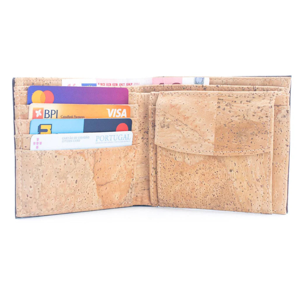 Interior view A slim, lightweight dark brown RFID protected bi-fold cork wallet that keeps your essentials organized without the bulk. 