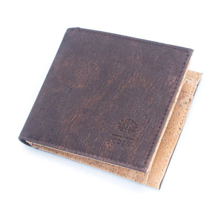 A slim, lightweight dark brown RFID protected bi-fold cork wallet that keeps your essentials organized without the bulk. 