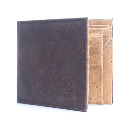A slim, lightweight dark brown RFID protected bi-fold cork wallet that keeps your essentials organized without the bulk. 