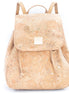 Front view of the golden cork drawstring women‚Äôs backpack with flap pocket
