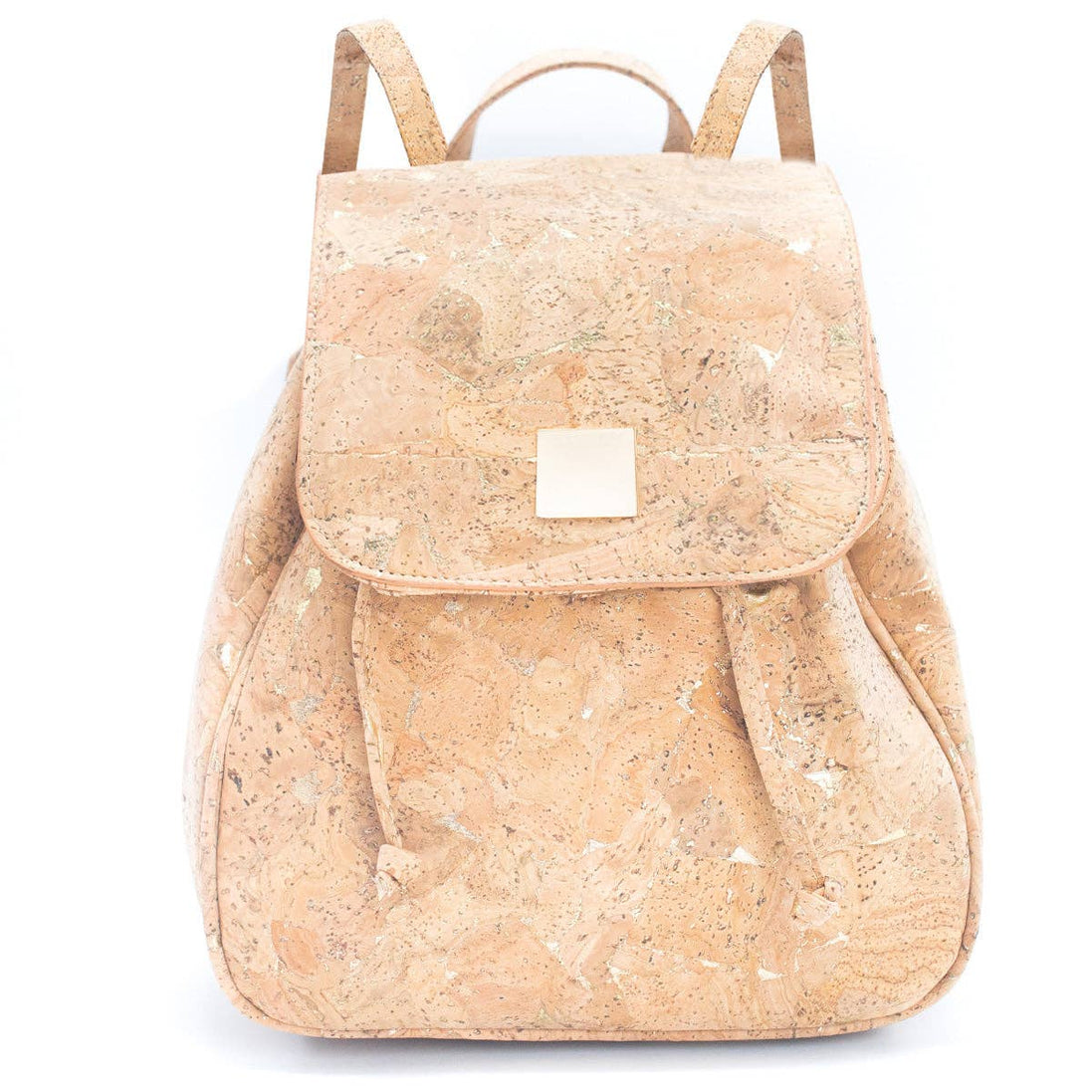 Front view of the golden cork drawstring women‚Äôs backpack with flap pocket