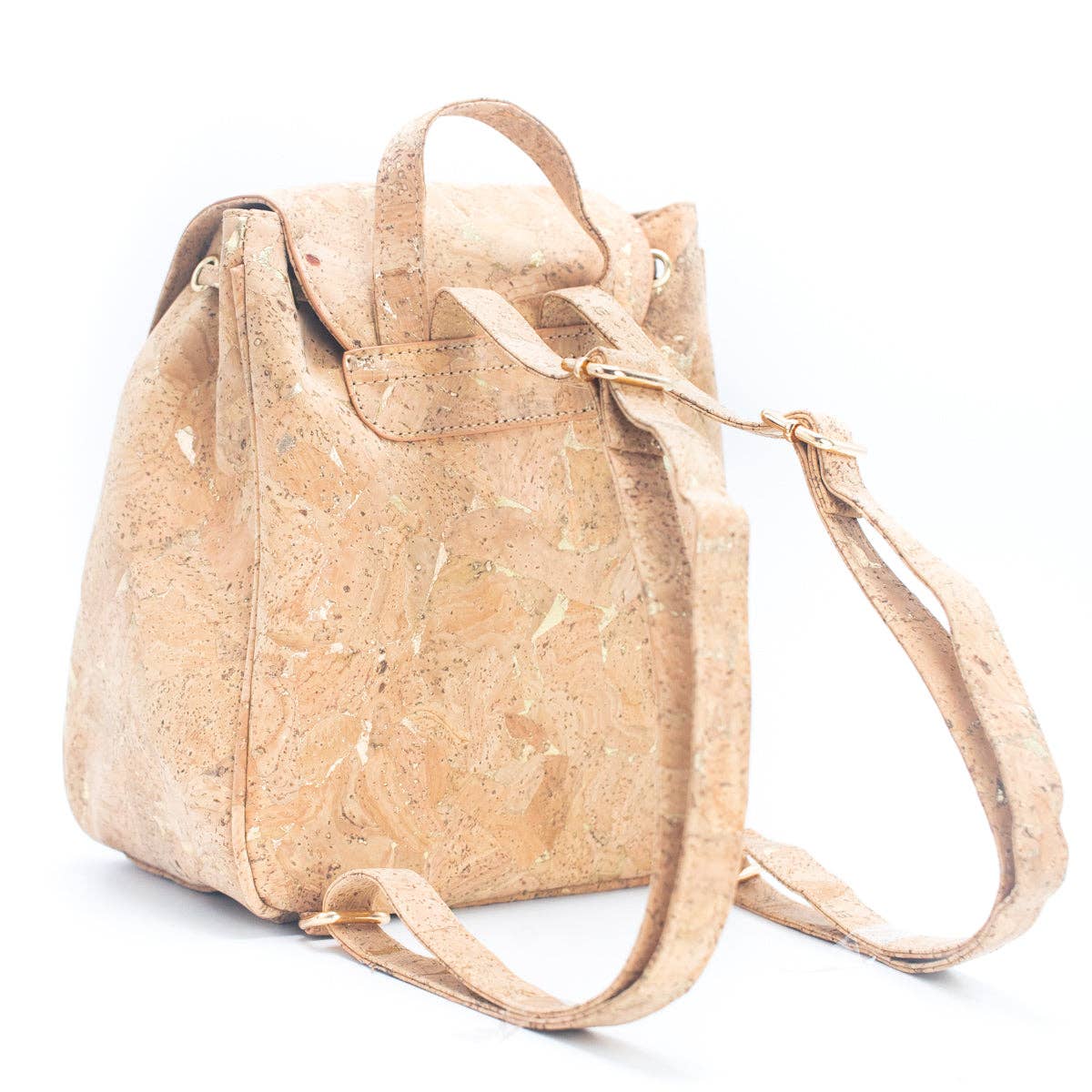 Back and strap view of the golden cork backpack showing adjustable straps