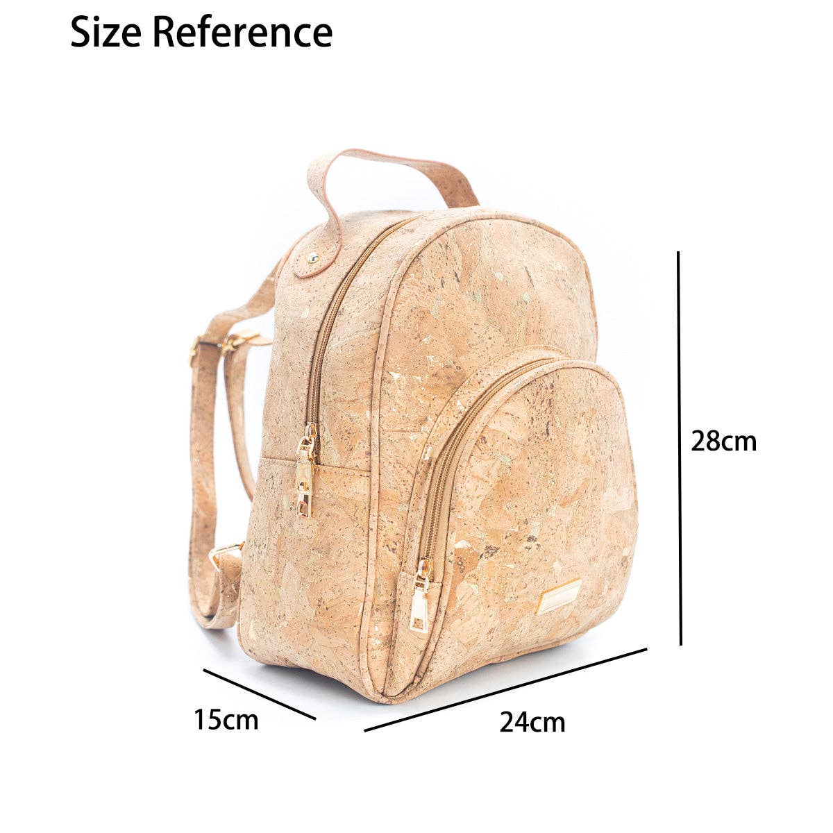 Size reference chart for molten gold cork backpack