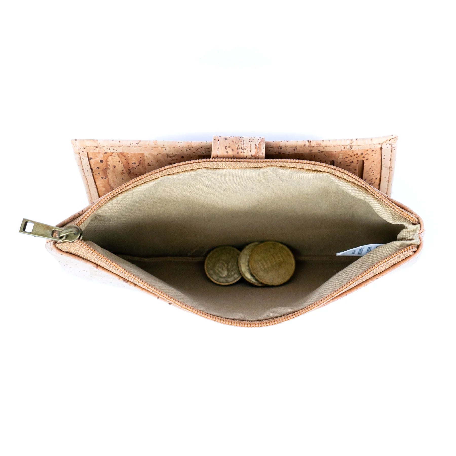 Interior of cork long wallet showing card slots and cash compartments