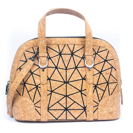 Cork handbag with geometric pattern on a white background