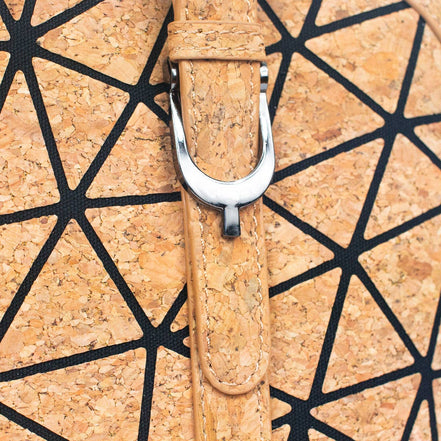 Close-up of cork handbag geometric pattern and metal hardware