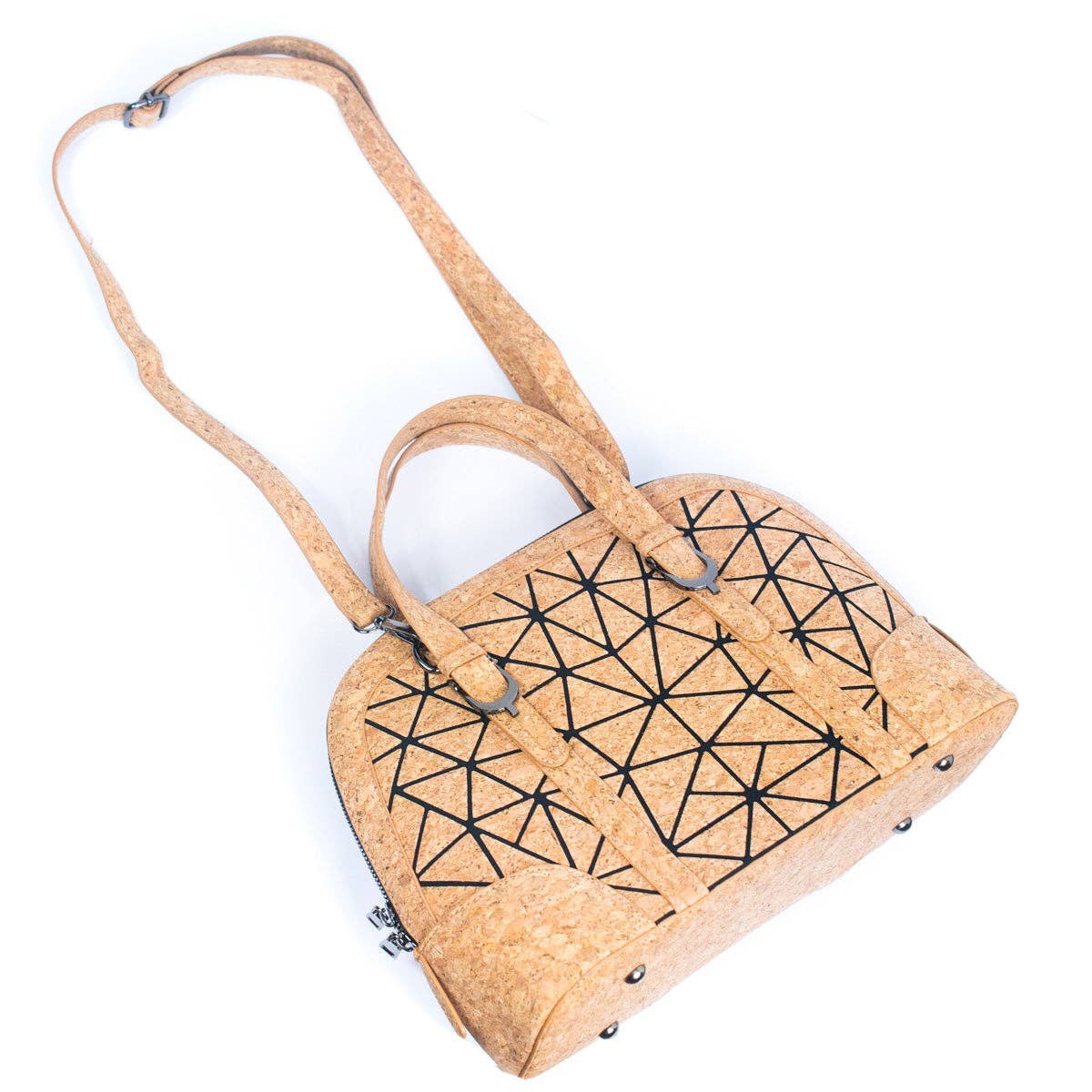Geometric cork tote bag with adjustable handles and shoulder strap