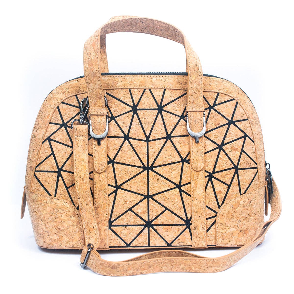 Top view of cork handbag with removable shoulder strap