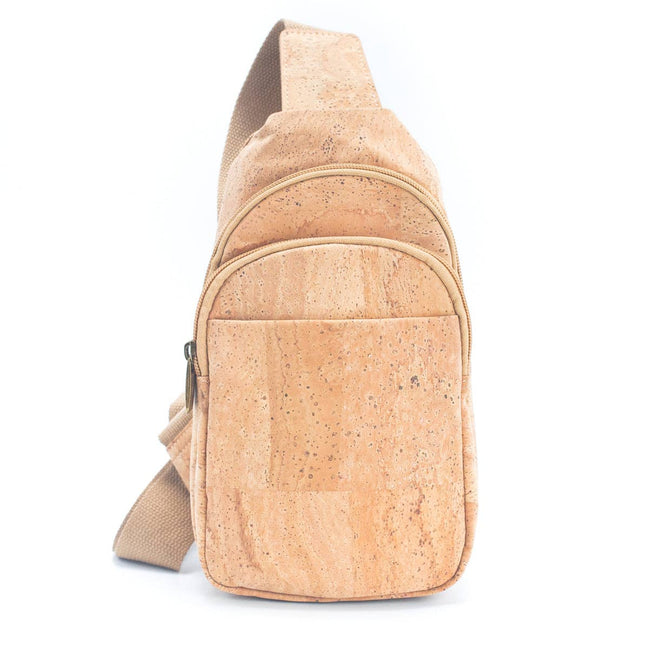 Natural cork men‚Äôs sling bag front view showing three-pocket design