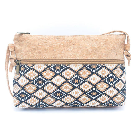 Cork handbag with geometric pattern on a white background
