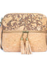 Natural cork and coffee bean fusion crossbody bag with tassel zipper detail front view
