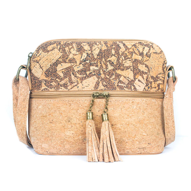 Natural cork and coffee bean fusion crossbody bag with tassel zipper detail front view