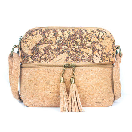 Natural cork and coffee bean fusion crossbody bag with tassel zipper detail front view