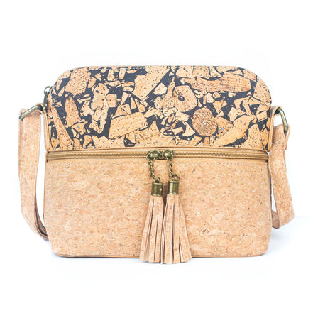Natural cork and coffee bean fusion crossbody bag with tassel zipper detail front view